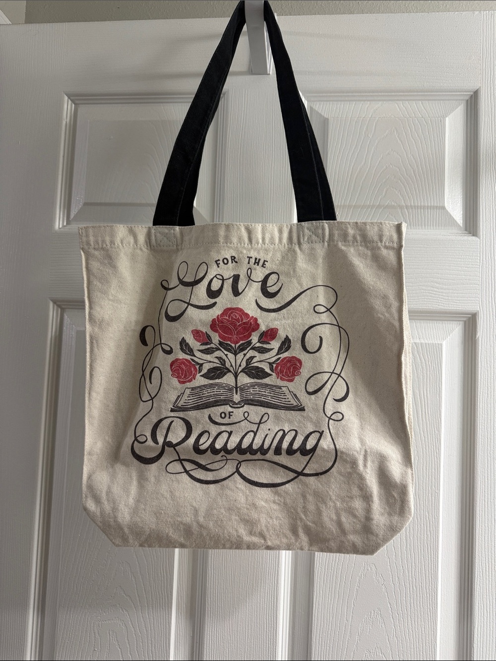 Barnes & Noble Cream Canvas Tote with Black Handles and Red Rose Design